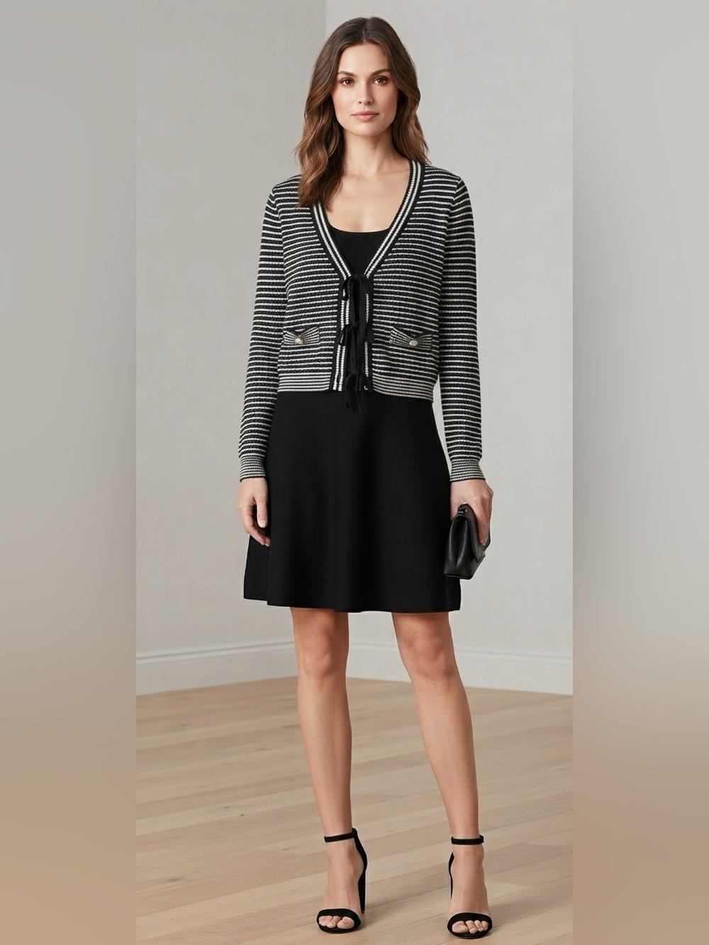 NICOLE MILLER NEW YORK 2 Piece Cardigan and Sweater Dress Set M Black/White NWT